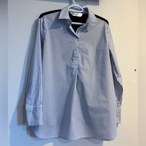 Max Volmary Navy and White Cotton Blend Stretch Blouse with Ribbon Detail